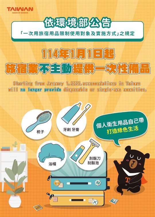 2025/01/01起愛護地球 不再提供一次性物品使用
相片來源：日月潭水岸民宿