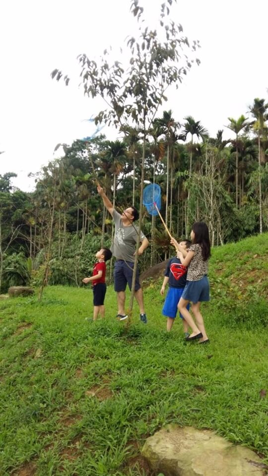 荳田町遊客親子教育樂融融，做爸爸的講解蜻蜓如何吃蚊子。
　